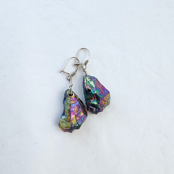Handmade Sterling Silver Earrings Long Natural Stone Titanium Quartz AB Teardrop - Picture 2 of 5